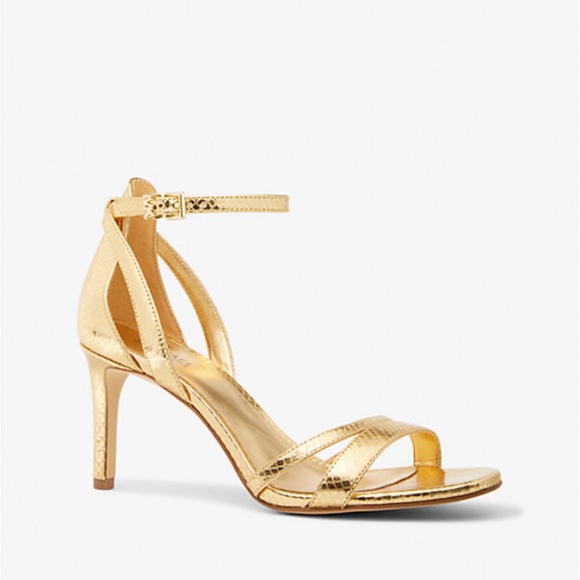 Michael Kors Kimberly Metallic Snake Embossed Leather Sandal in Gold Size 9.5 - Picture 1 of 8
